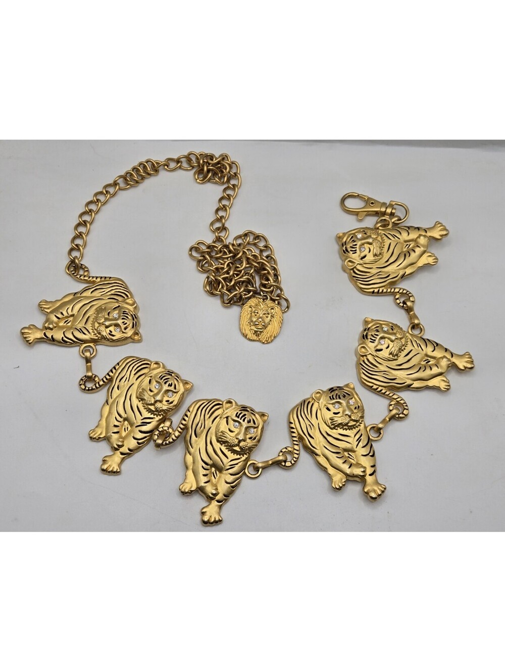 Vtg Anne Klein Tiger Chain Belt Gold Tone 1980s Statement Runway Lion Charm 40"